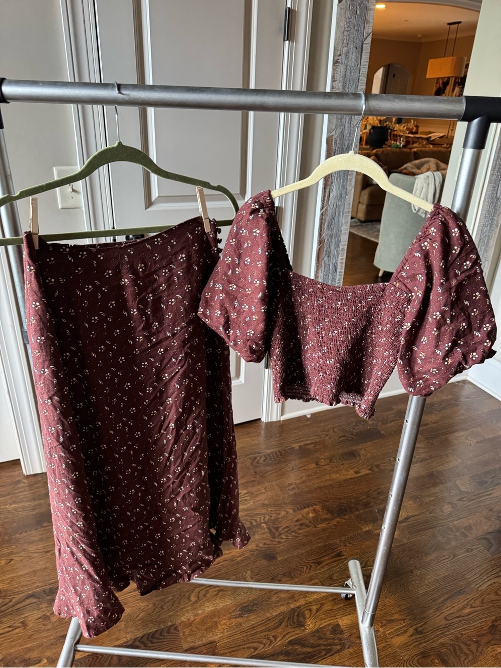 Rylee + Cru Burgundy Floral Smocked Puff Sleeve Crop Top & Midi Skirt